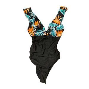 Cupshe Woman One Piece Bathing Suit Black Floral Ruffle Size XL